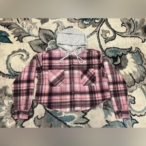 No Boundaries- woman’s large (11-13) crop top plaid hoodie button up shirt